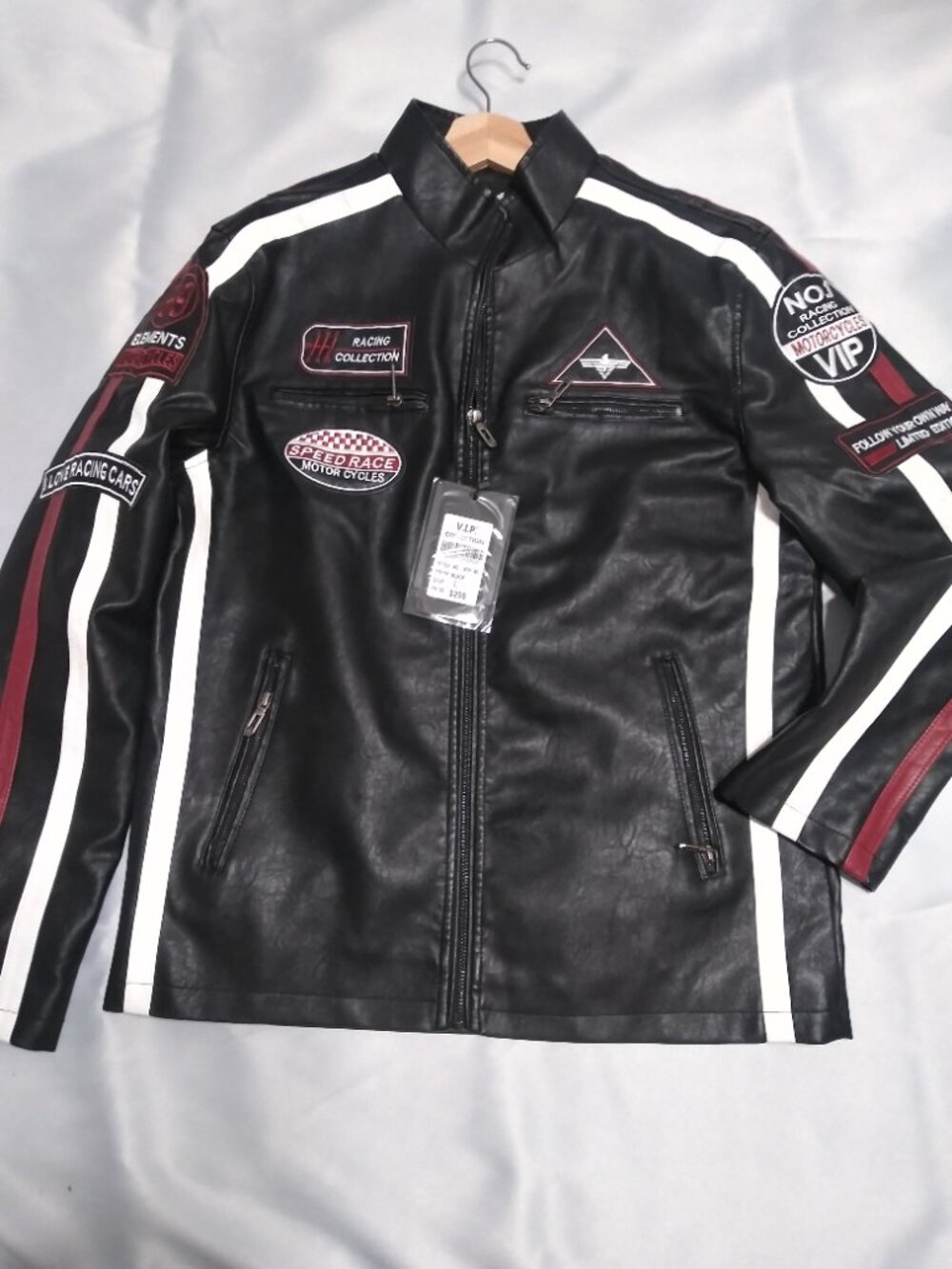 V.I.P. Collection Men’s Black Racing Motorcycle Jacket Red White Stripes Size -L